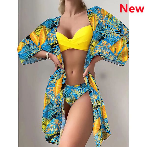 Damen Bademode Bikini Set Frauen dreiteiliger Badeanzug Cover Up Push Twist Print Langarm Biquini Strand Badeanzug 230620