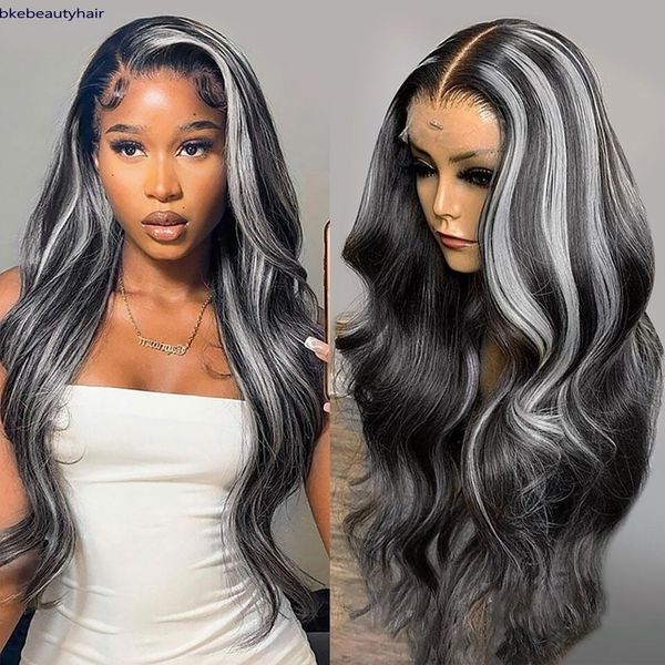 HD Lace Grey Highlight Color парик человеческих волос с детскими волосами Glueless объемная волна парик фронта шнурка синтетический для чернокожих женщин