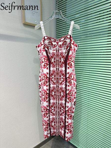 Grundlegende Freizeitkleider Seifrmann Hochwertiges Sommer-Frauen-Mode-Laufsteg-Bleistiftkleid Sexy Spaghettiträger Rot-Weiß-Porzellan-Druck Midi-Kleider 230620