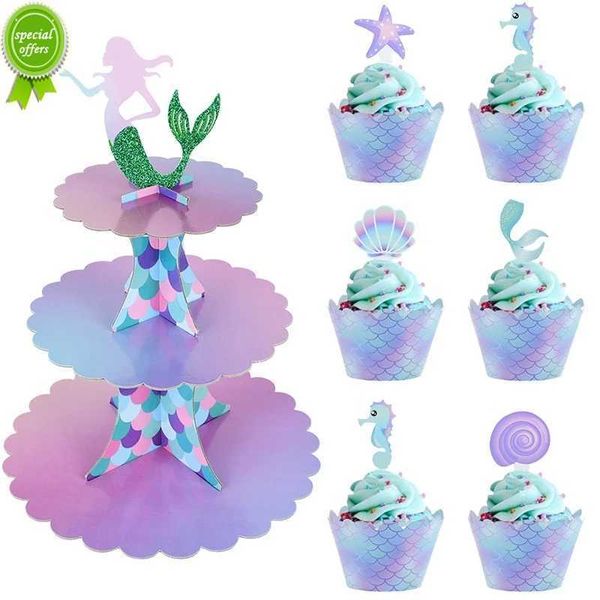 New 1Set Mermaid Cake Stand Cupcake Holders Kids Mermaid Compleanno Decorazione Cupcake Wrapper per Baby Shower Forniture per feste di nozze