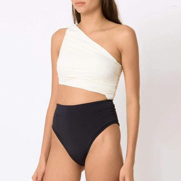 Roupa de banho feminina preto branco cor bloco um ombro uma peça maiô moda oca biquínis feminino maiô moda praia fino