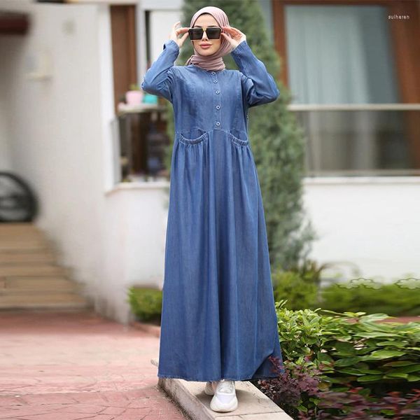 Roupas étnicas plus size abaya vestido jeans com botões manga longa saia árabe muçulmana nobre oração do ramadã