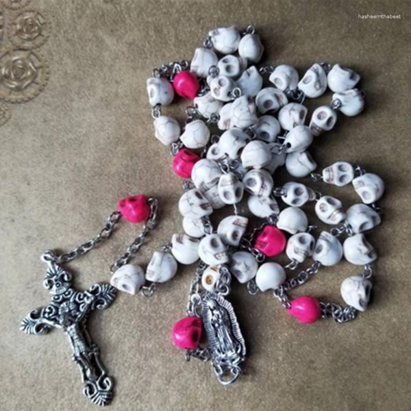 Collane con ciondolo Dia De Los Muertos Rosario Howlite Skulls Guadalupe Center Ornato Crocifisso Cattolico Five Decade Stainless Ste