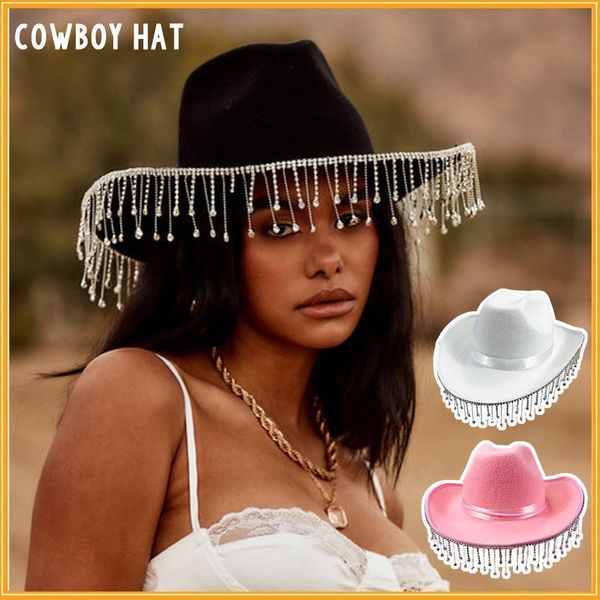 Cloches Cappello da cowgirl rosa con frange Design a tesa larga Cappelli da cow girl Addio al nubilato Cappello da cowboy occidentale Accessori per costumi 230620