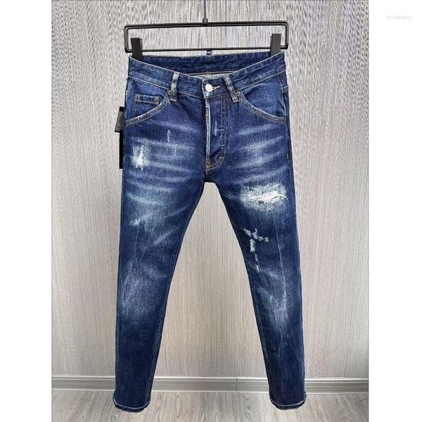 Jeans Masculino Casual Moderno Impressão de Letras MotoBiker Furo Tinta Spray Moda Calças De Tecido Denim 9885#