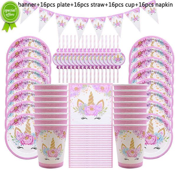 Nuovo 65Pcs Forniture per feste di unicorno Decorazione di compleanno per bambini Set di stoviglie usa e getta Piatti di carta Cup Banner Baby Shower Girl Decor