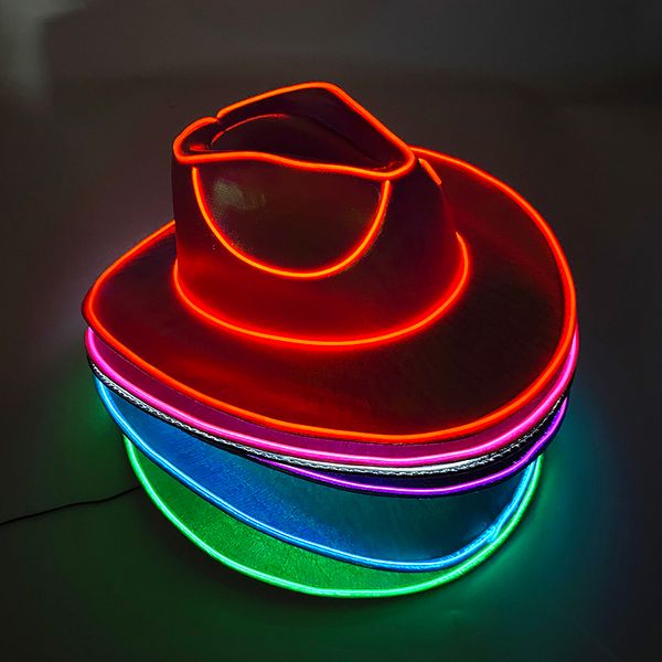 Cloches Western LED Cappello da cowboy Cappello da cowgirl Retro LED Light Brim Jazz Top Hat Incandescente Cappello da sposa Costume cosplay Abito da cowboy per donna Uomo 230620