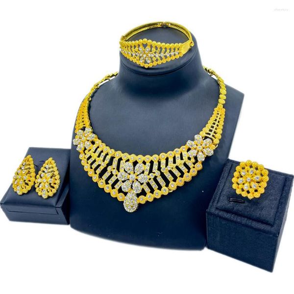 Halskette Ohrringe Set Afrikanische Halskette Für Frau Kristall Blume Armband Geburtstagsgeschenk Ehering Brautmode