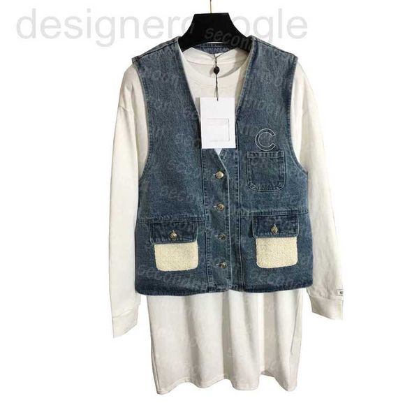Vestidos casuais básicos designer feminino vestido de manga comprida vintage jeans colete casaco de duas peças decote em v jeans q684