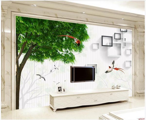 Papéis de parede personalizados po papel de parede 3d mural para paredes 3 d moderno árvores idílicas pássaros verde tv fundo decoração da parede