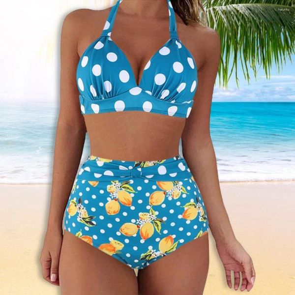 Kadın Mayo 2 PCS/SET Kadınlar Yüzme Takım Yular Sırtsız Dantel Bikini Set Dot Baskı Sütyen Yüksek Bel Bri Kife Plaj Giyim