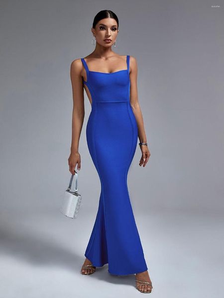 Lässige Kleider Blaues Verbandkleid Langes Frauen-Maxi-Abend-Party-Bodycon-elegantes Spaghetti-Bügel-reizvolles rückenfreies Geburtstags-Club-Outfit Sommer