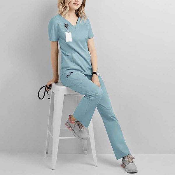 Pantaloni da due pezzi da donna set eithexu e abbigliamento per salone per salone di scrub per infermiere a v al collo di alta qualità