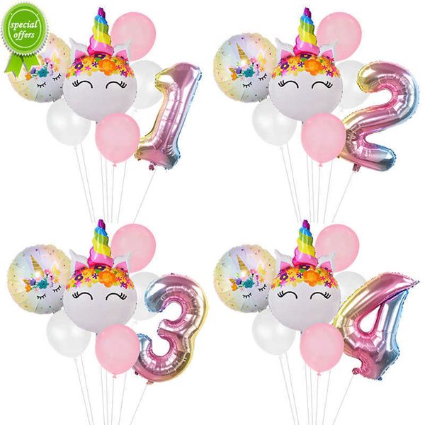 Новая радуга единорога Номер номера Foil Globos Дети девочка 1 -й Unicorn Gutemorn Gutder Disecure Decormies Supplies Baby Shower Favors Toy Gift