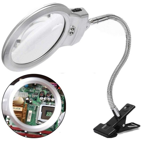 Lupas 2,25x/5x LED Lupa Iluminadora Mangueira de Metal Lupa Mesa Mesa de Leitura Lâmpada LED com Braçadeira 230620