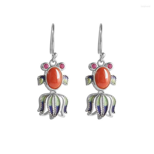 Brincos Stud ES577 ZFSILVER 925 Prata Moda Coreana Luxo Hetian Jade South Red Ágate Pendente Brinco de Peixe Bonito Jóias para Mulheres