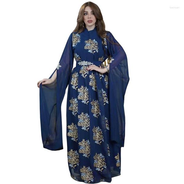 Etnik Giyim Orta Doğu Kadınlar Gece Elbisesi Dubai Müslüman Zarif Nakış Manuel Kristalleri Arap Vestido Largo için Boncuk Kemer Elbiseleri