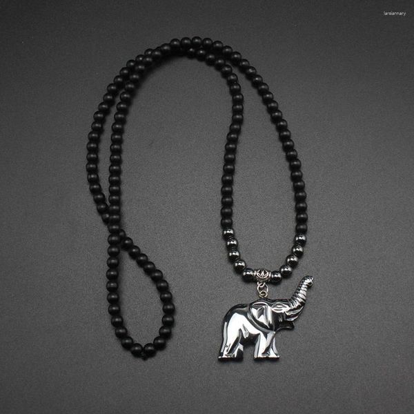 Colares com pingente legal preto contas de 6 mm hematita elefante colar longo feito à mão joias para homens e mulheres
