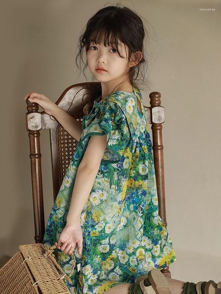 Vestidos de menina 2023 verão meninas pintura a óleo impressão manga voadora vestido patchwork roupas de bebê 4-6 anos 7-12 anos