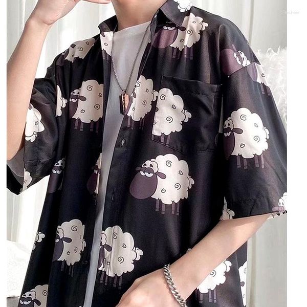 Damen Blusen Harajuku Anime Black Sheep Button Up Shirts Sommer Hawaii Strand Kawaii Tops Kurzarm Hip Hop Loose Casual