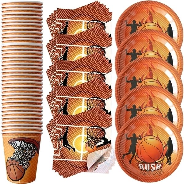 Tek Kullanımlık Çıkarma Konteynerler 60pcs Lot Basketbol Tema Takımı Set Peçeteleri Doğum Günü Partisi Plakaları Bardaklar Dekorasyon Bebek Duş Etkinlikleri Malzemeleri 230620