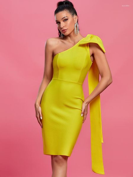 Vestidos casuais manga longa bandagem vestido feminino amarelo festa bodycon elegante sexy um ombro midi noite aniversário clube roupa 2023