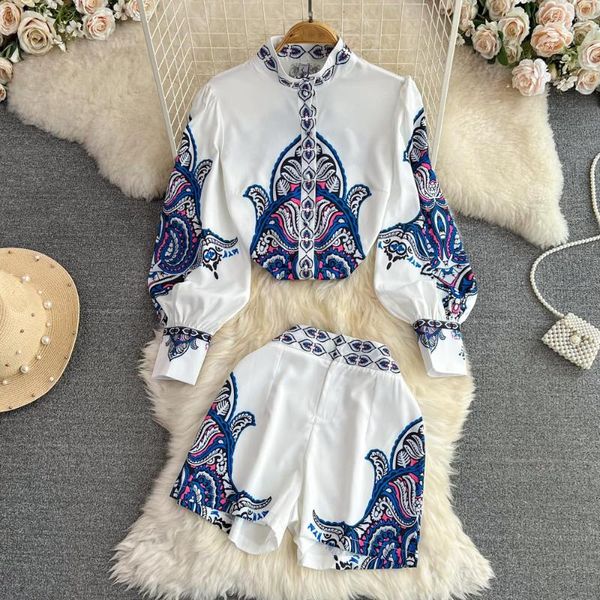 Tute da donna 2023 Summer Two Piece Shorts Set per donna Fashion Print Camicia a maniche lunghe vintage casual e 2 completi da donna