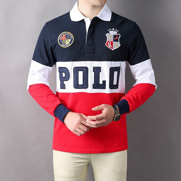 Kraliyet İngiltere Polo Gömlek Rozetleri Patchwork Uzun Kollu Polo Gömlek