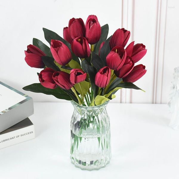 Flores decorativas 1 maço 9 cabeças vinho tinto tulipa flor artificial para decoração de festa de casamento decoração de casa falso ornamento de buquê de mesa