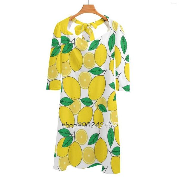 Vestidos Casuais Estampado Limão Vestido Decote Quadrado Tamanho Grande Mulheres Elegantes Cintura Justo Amarelo Branco Verde Cítrico Verão Primavera