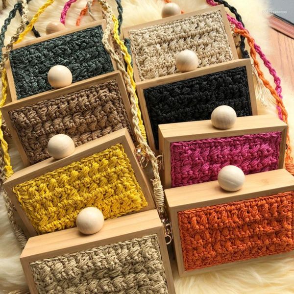 Сумки для хранения модная деревянная коробка соломенная дизайнер плетеная тканые женские сумочки