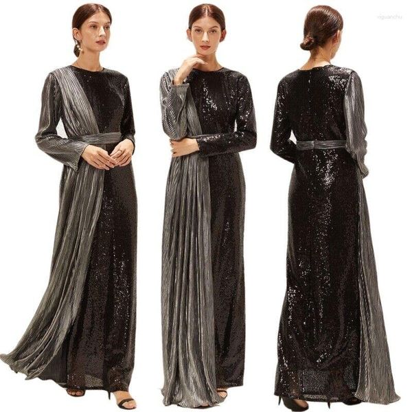 Roupas Étnicas Moda Feminina Lantejoulas Abaya Cintura Alta Vestido Slim Dubai Vestidos de Festa Árabe Islâmico Vestido de Manga Longa Jilbab Robe