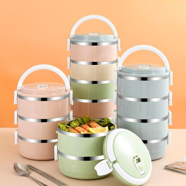 Geschirr-Sets, Thermo-Lunchbox, stapelbar, rund, aus Metall, Edelstahl, große Bento-Boxen für Erwachsene, Aufbewahrungsbehälter