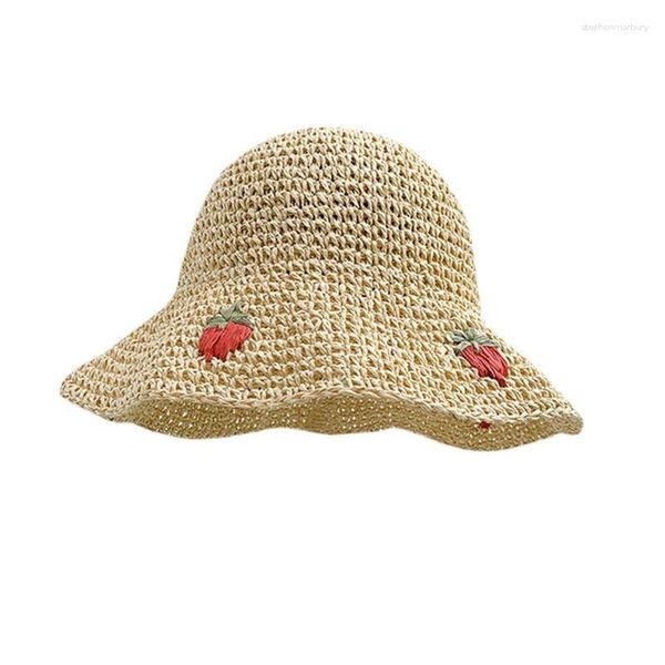 Cappelli a tesa larga Donna Fragola Cappello da pescatore fatto a mano all'uncinetto Dolce carino Paglia tessuta Vacanza Parasole Spiaggia Secchio Sole
