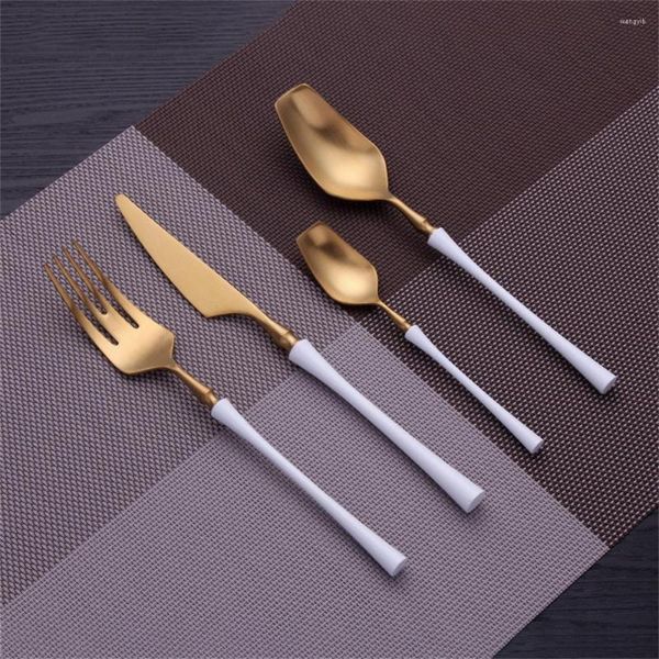 Set di stoviglie Oro bianco Stoviglie in acciaio inossidabile Forchette Coltelli Utensili da cucina dorati Coltello Forchetta Cucchiaio Set Posate