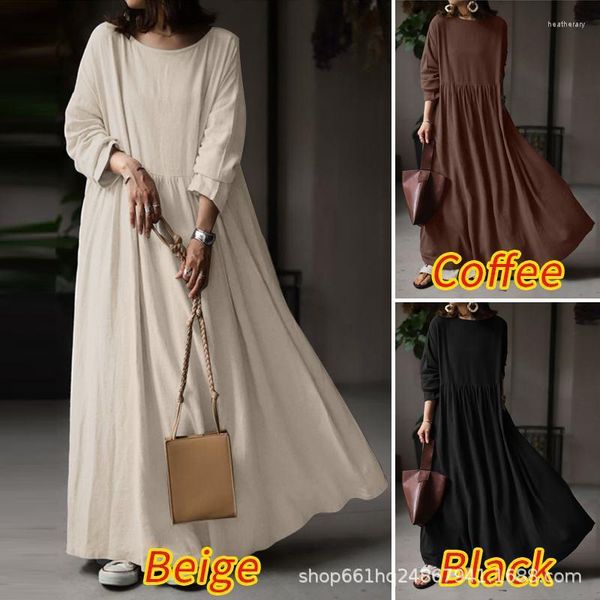 Etnik Giyim Kadınları Bahar Sonbahar Dubai Türkleri Kaftan Abaya Uzun Elbise Retro Moda Sol Basit Pamuk Keten Müslüman Robe Vestidos