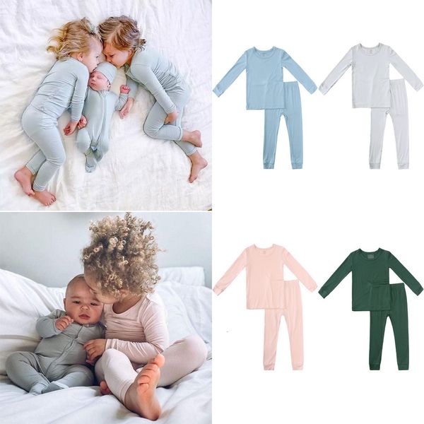 Passende Familienoutfits Kids Tales Frühlings-Bambusfaser-Baby-Kinder-Pyjama-Sets Anzug für Mädchen Solide Langarm-TopHosen Jungen-Nachtwäsche-Outfits 230621