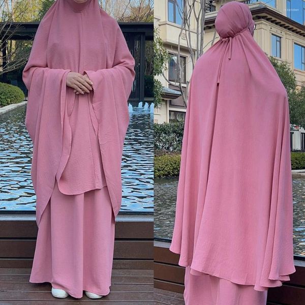 Abbigliamento etnico Abito hijabi per le donne 2023 Abiti da preghiera musulmana Due pezzi Ladies Khimar Set Eid Mubarak Kaftan Dubai Abaya Turkey Robe