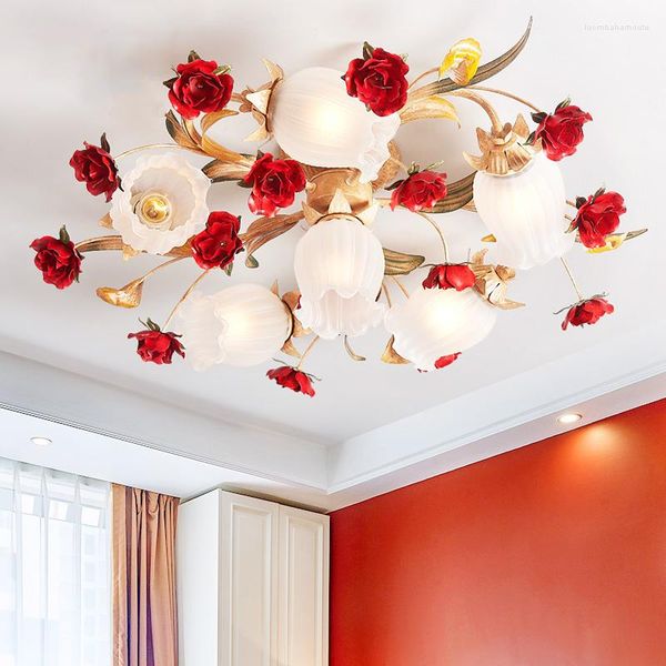 Lustres de casamento pendurado planta americana flor rosa vermelha lustre moderno iluminação led para sala de estar meninas