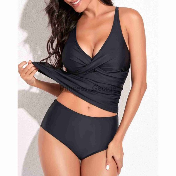 Roupas de banho femininas plus size maiôs tankini femininos para mulheres com controle de barriga maiôs tops de tanquíni de duas peças com parte de baixo de biquíni torcidos L5 x0621