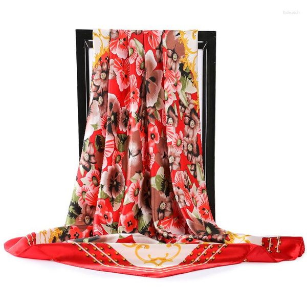 Cachecóis 2023 Outono Feminino Quadrado Estampa Bandana Protetor Solar Xales Luxo Cor Flor Seda Moda 90X90CM Lenço à Prova de Poeira