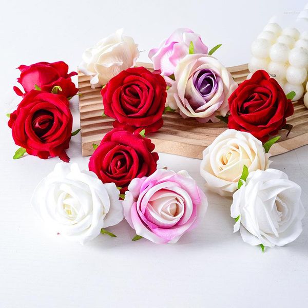 Flores decorativas tecido de veludo vermelho simulação rosa decoração de casamento arranjo de flores atacado 1 pçs