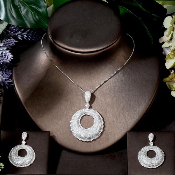 Colar Brincos Set Fashion 2pcs Mirco CZ Pave Circle Pingente Nigeria African Women Dress Accessories Collar Mujer N-552