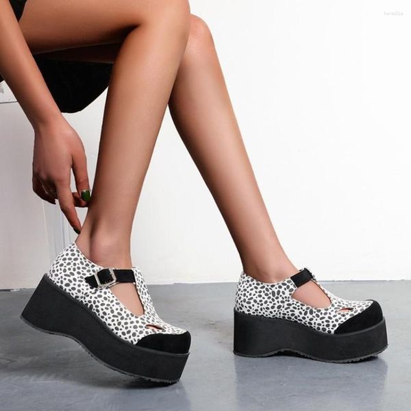 Scarpe eleganti Roman Womens Mid Chunky Creepers Heel Platform Leopard Pattern T-Strap Sandali Casual Gothic Oxfords Retro Plus Size2023