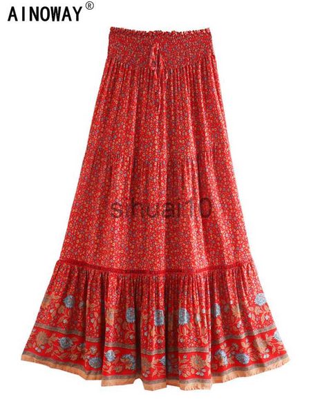 Юбки винтажные шикарные женские женщины красный цветочный принт пляж Bohemian плиссированная юбка Rayon Cotton High-тали