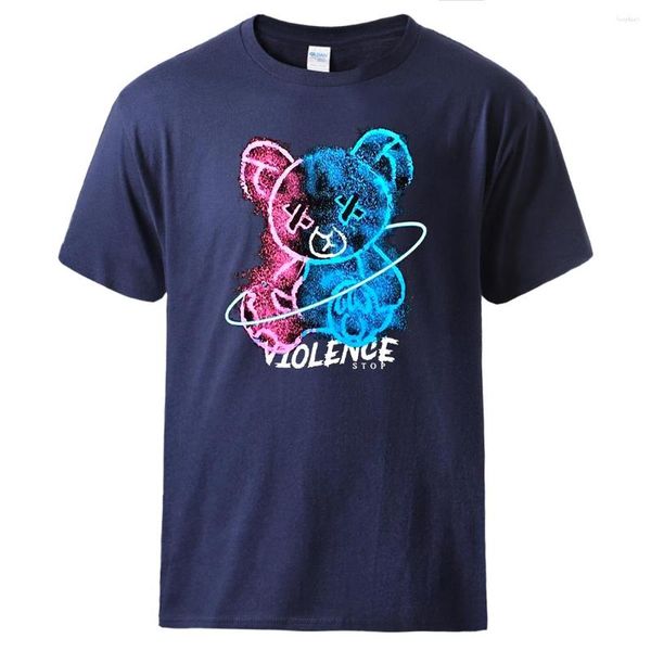Camisetas Masculinas Stop Violence Teddy Bear Cartoons T-Shirt Men Graphic Novelty Tshirt Cotton Respirável Streetwear Colorida Harajuku Tee