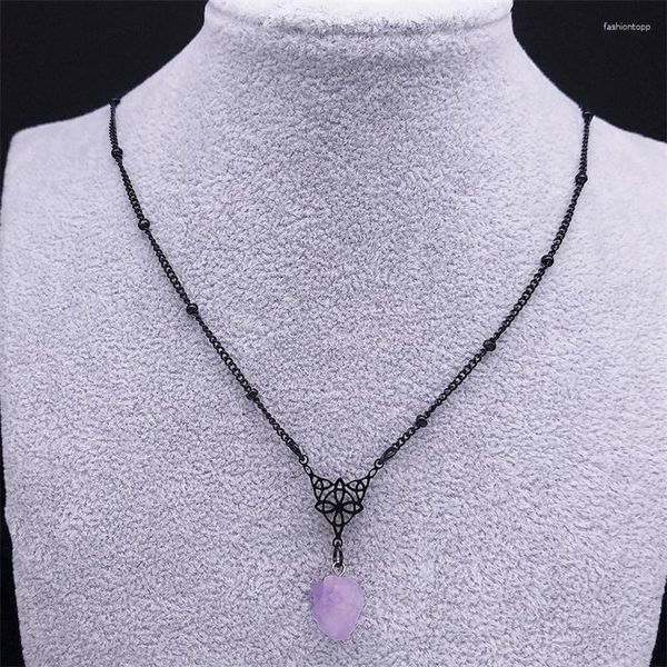 Collane con ciondolo Cristallo viola Nodi irlandesi Collana Triquetra Acciaio inossidabile Colore nero Triskele Amuleto Gioielli di guarigione Reiki N3537S