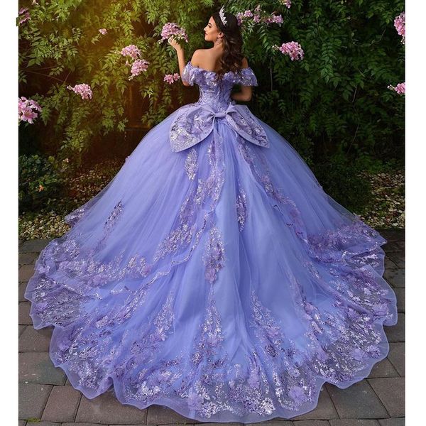 Abiti Quinceanera lavanda lilla Abito da ballo con perline a lisca di pesce con spalle scoperte in pizzo Abito dolce 16 Abiti con lacci