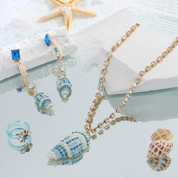 Halskette Ohrringe Set Azure Conch Anhänger Harz Geometrisch Zirkon Blaue Sonnenblume Ring Für Frauen Mode Ozean Schmuck
