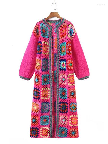 Maglieria da donna YENKYE Autunno donna rosa rosso scozzese fatto a mano all'uncinetto cardigan lungo manica a lanterna vintage cappotto maglione Boho femminile